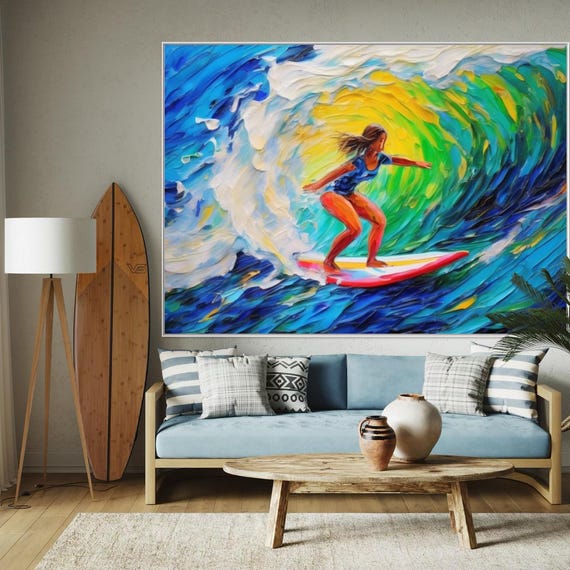 Personalized Colorful Surfing Acrylic Painting Bright Color Ocean Artwork Extra Large Texture Art Children Room Wall Decor Art