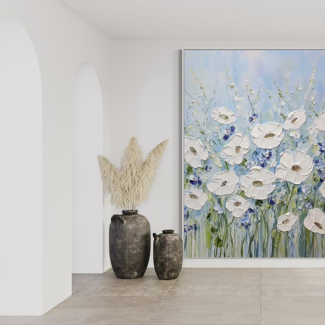 Tall White Flowers with Blue Wildflowers on a Sky Blue Art Poster