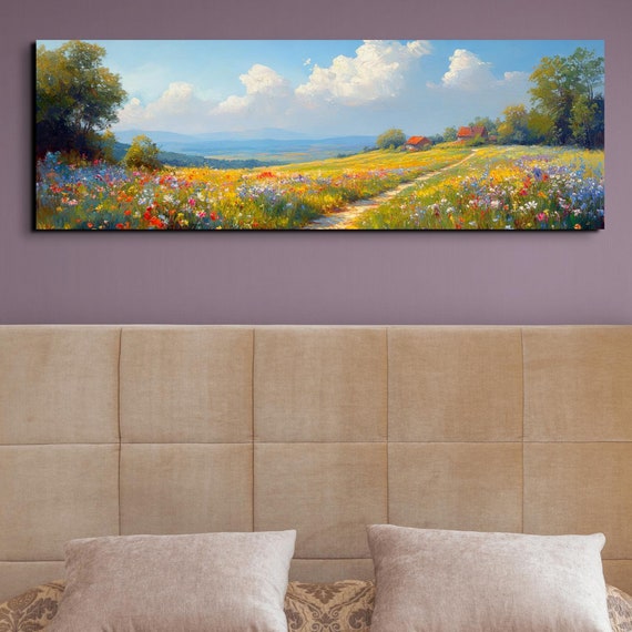 Wildflowers In Sunshine Wildflowers Field Landscape Wall Art Panoramic Moody Wall Art Dark Floral Landscape Painting Above Bed Decor