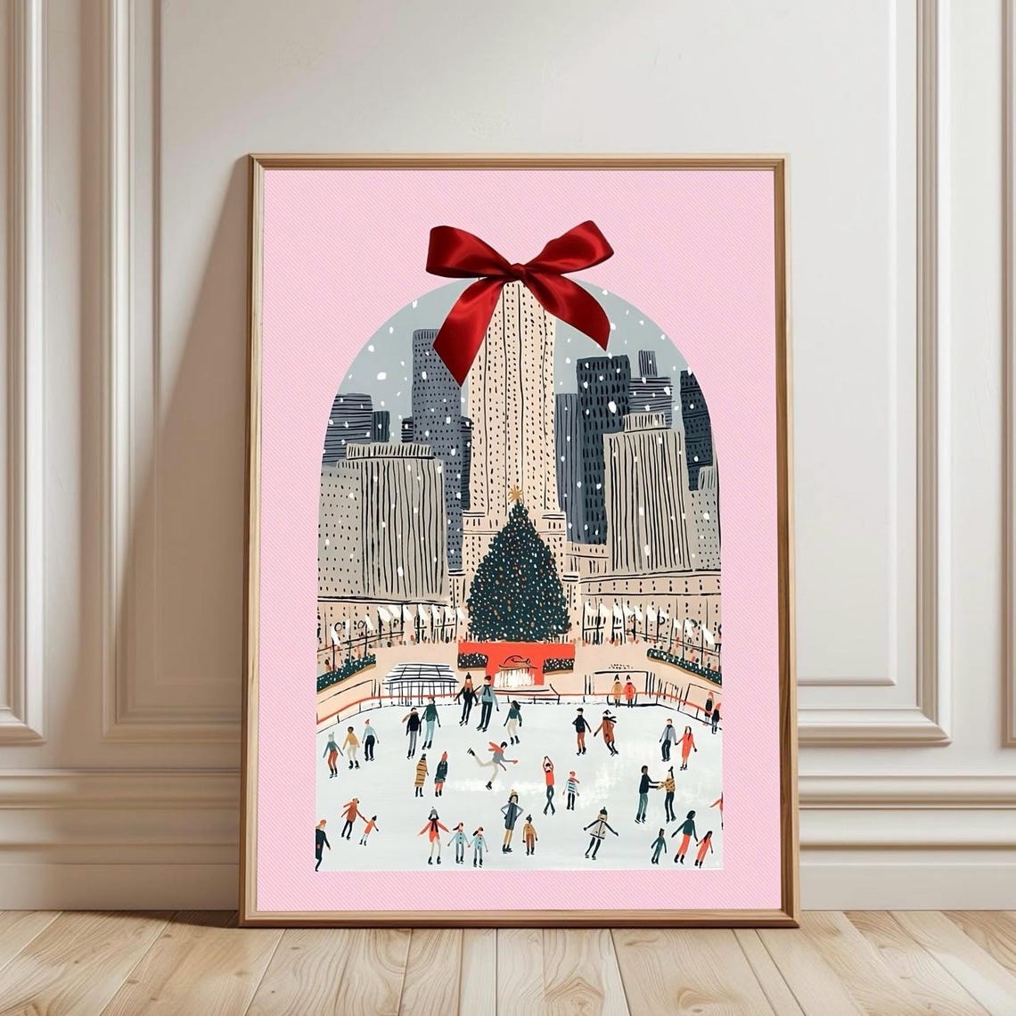 Romantic Christmas Cityscape Wall Art With Ice Skating Scene And Pink Arch Frame Festive Holiday Featuring Skyline Bow Detail