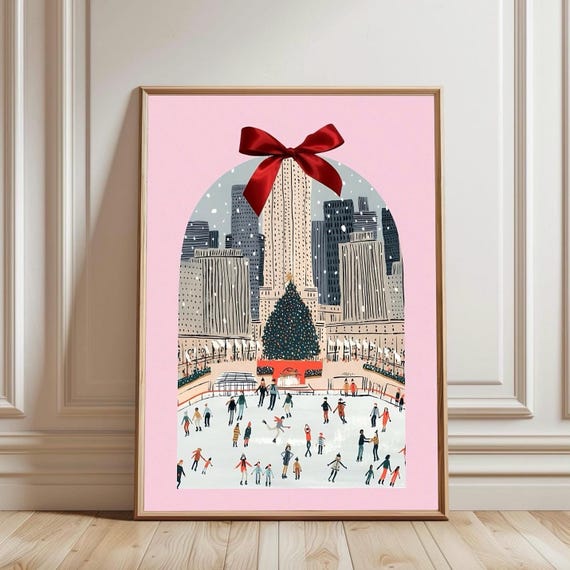 Romantic Christmas Cityscape Wall Art With Ice Skating Scene And Pink Arch Frame Festive Holiday Featuring Skyline Bow Detail