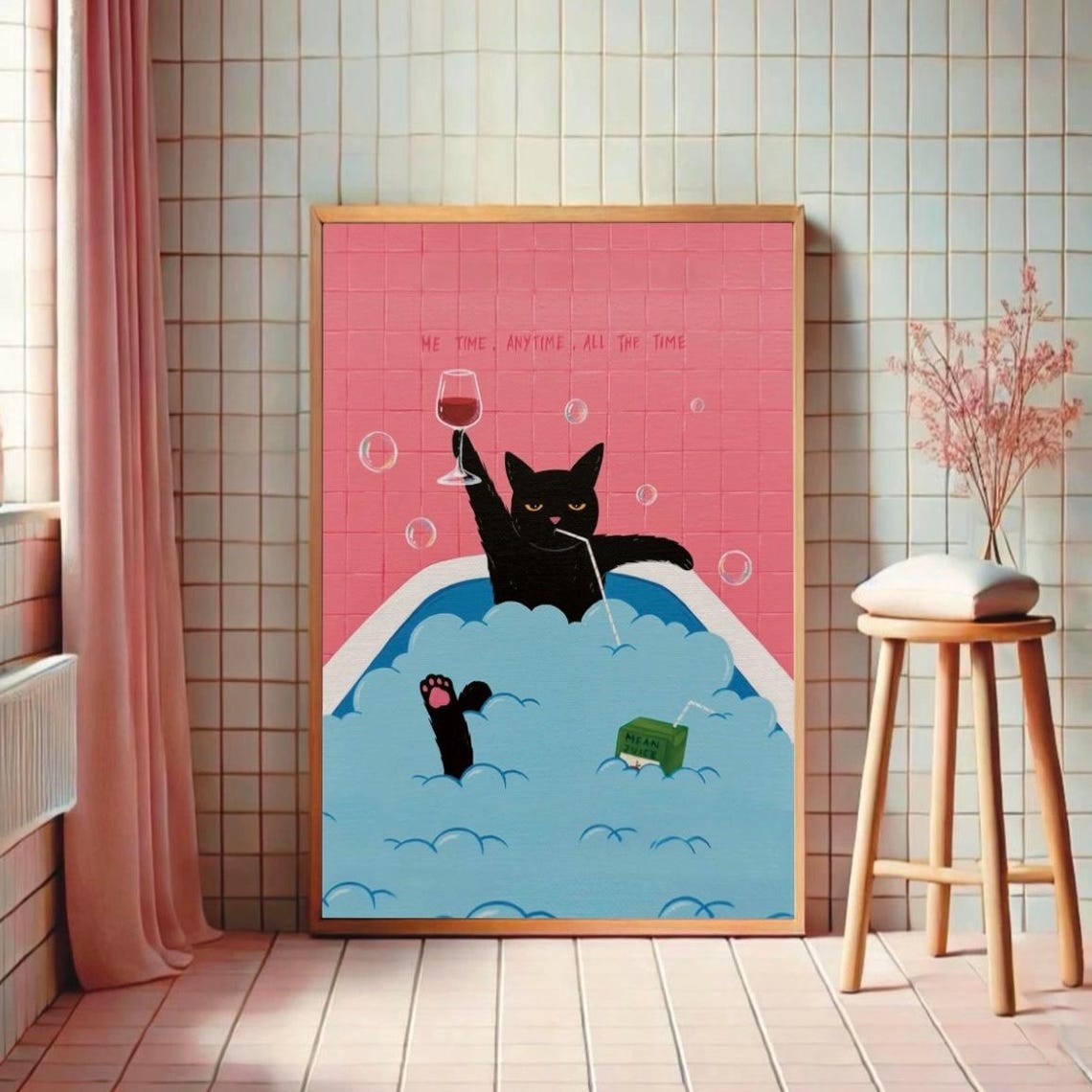 Cozy Kitty Bath Wall Art Print Relaxed Feline In Tub With Wine Poster Playful Bathroom Decor Unique Gift For Pet Lovers