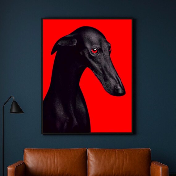 Bold Black Greyhound Dog Wall Art Minimalist Red Background Animal Poster Modern Dark Canine Print For Edgy Home Decor