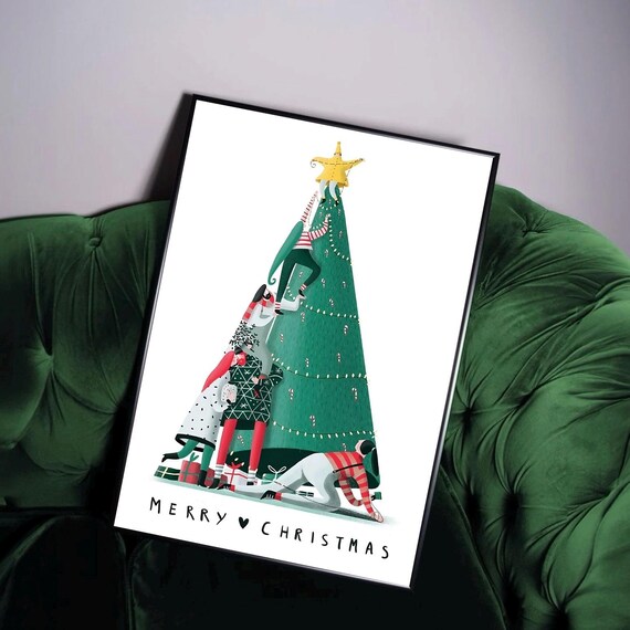 Merry Christmas Family Decorating Tree Cute Whimsical Holiday Poster