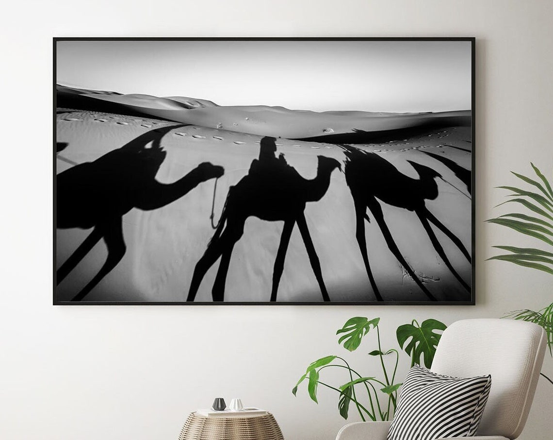 Desert Camel Caravan Shadows Black And White Photography Poster