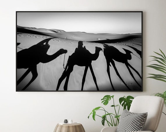Black And White Camel Wall Art Print Desert Animal Boho Landscape Photography Moroccan Home Decor Large Gift
