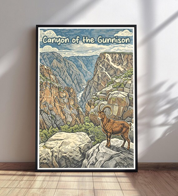Canyon of the Gunnison Bighorn Sheep Desert Woodcut Travel Poster