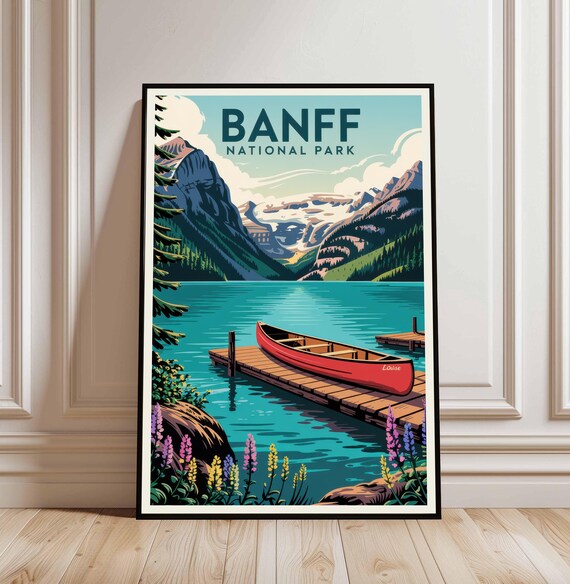 Banff National Park Red Canoe on Lake Louise Vintage Travel Poster