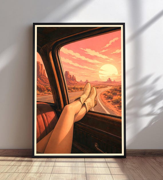 Cowboy Boots Car Sunset Print Desert Landscape Wall Art Western Decor Southwestern
