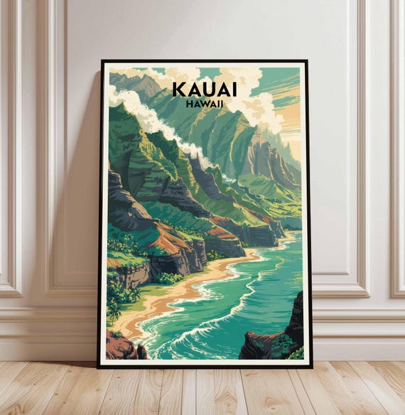 Kauai Hawaii Travel Poster Vintage Tropical Art Print Digital Download