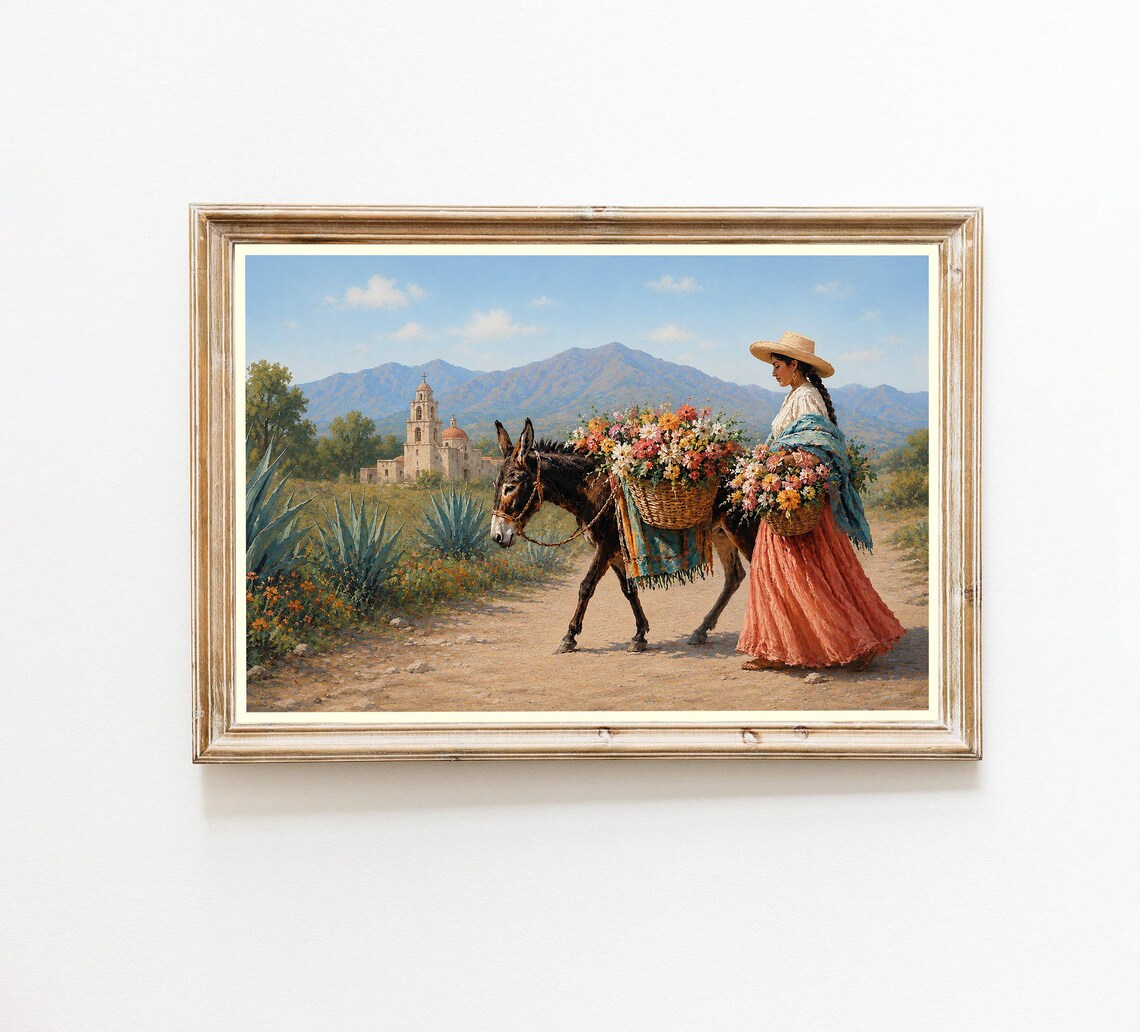 Woman Donkey Flowers Print, Mission Church Landscape