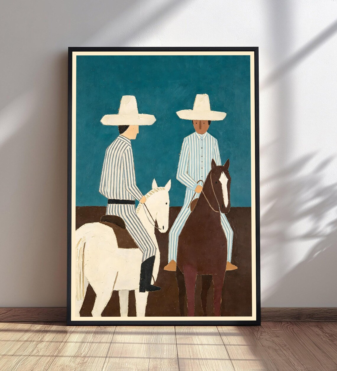 Two Cowboys Horseback Teal Folk Art Striped Western Riding Poster