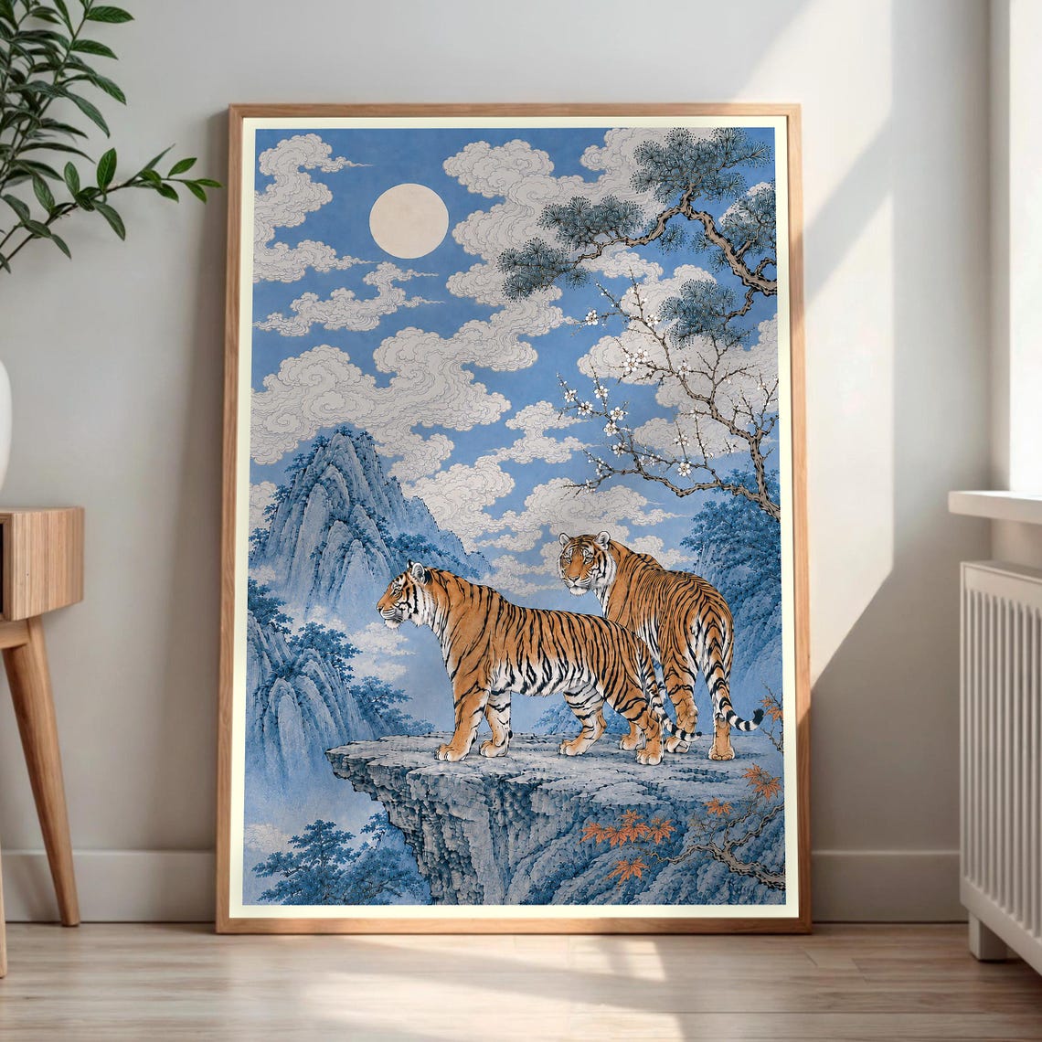 Japanese Tiger Print Ukiyoe Style Wall Art Mountain Landscape Poster Full Moon Animal Decor
