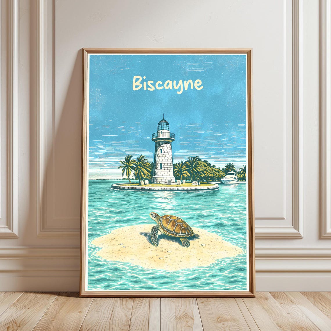 Biscayne Lighthouse Sea Turtle Tropical Beach Vintage Travel Poster