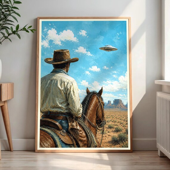 Cowboy UFO Encounter Desert Sci Fi Western Painting Art Poster