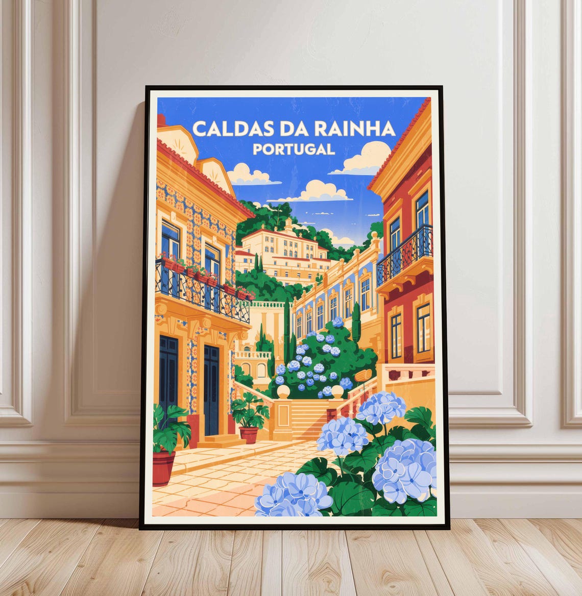 Caldas da Rainha Portugal Street Tiles Hydrangeas Travel Poster