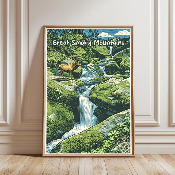 Great Smoky Mountains Elk Waterfall Mossy Creek Vintage Poster