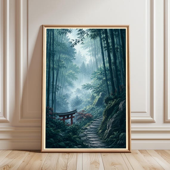 Misty Bamboo Forest Print Red Torii Gate Wall Art Serene Japanese Landscape Poster Stone Path Nature Decor
