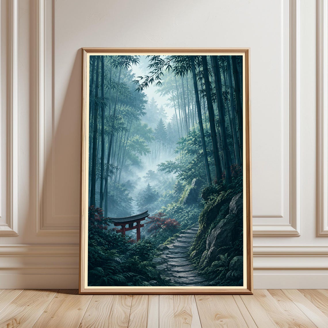 Misty Bamboo Forest Red Torii Gate Japan Anime Style Wall Art