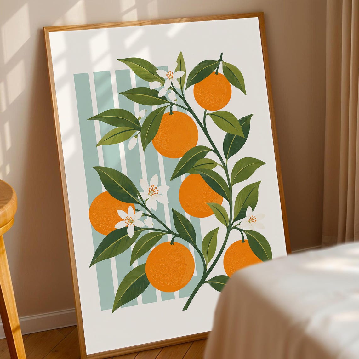 Orange Tree Branch Botanical Art Print Striped Sage Green Decor