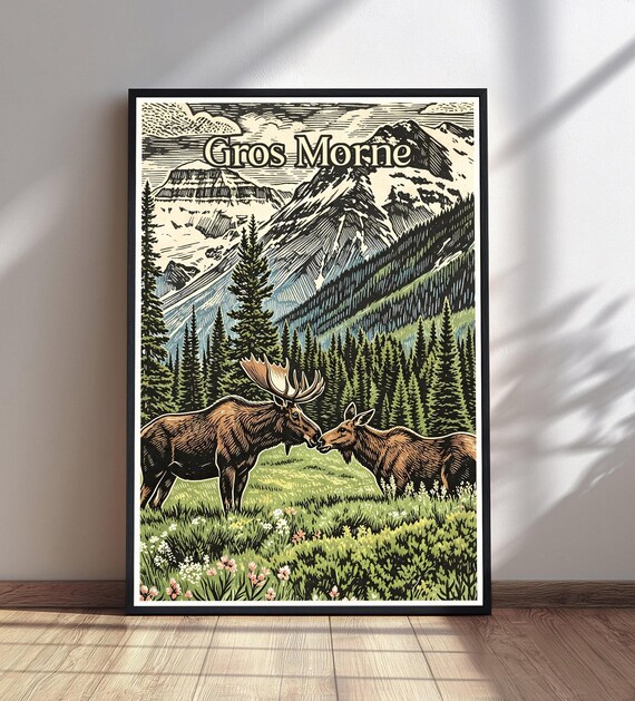Gros Morne Vintage Travel Poster Moose Pair Mountains Canada Wilderness Scene