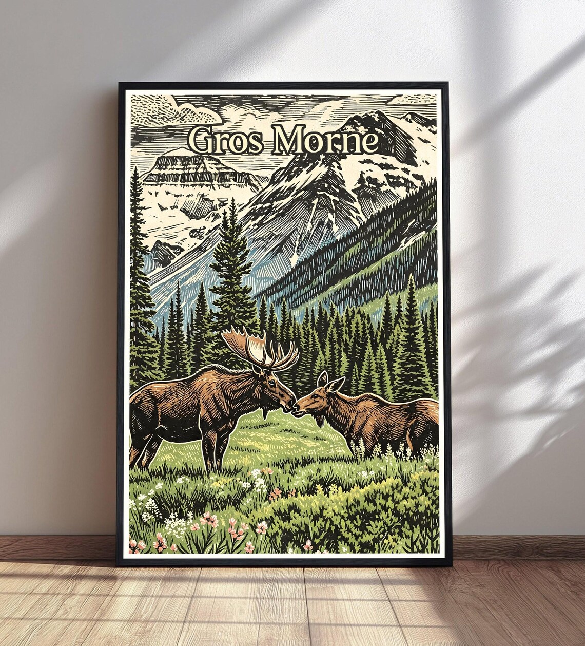Gros Morne Vintage Travel Poster Moose Pair Mountains Canada Wilderness Scene