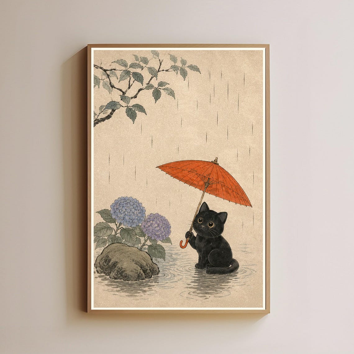 Japanese Black Cat Umbrella Print Ukiyoe Hydrangea Wall Art Rainy Day Lover Gift Asian Style Decor