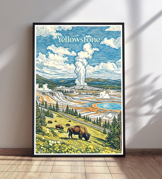 Yellowstone National Park Print Old Faithful Geyser Vintage Woodcut Wall Art Bison Wildflowers