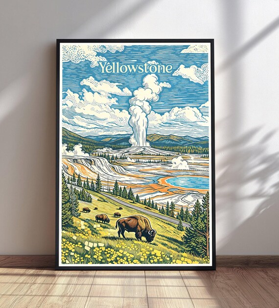 Yellowstone Old Faithful Geyser Erupting Bison Vintage Woodcut Poster