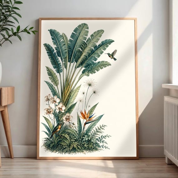 Tropical Botanical Print Banana Leaf Orchid Wall Art Bird Of Paradise Flower Ferns Jungle Birds Decor