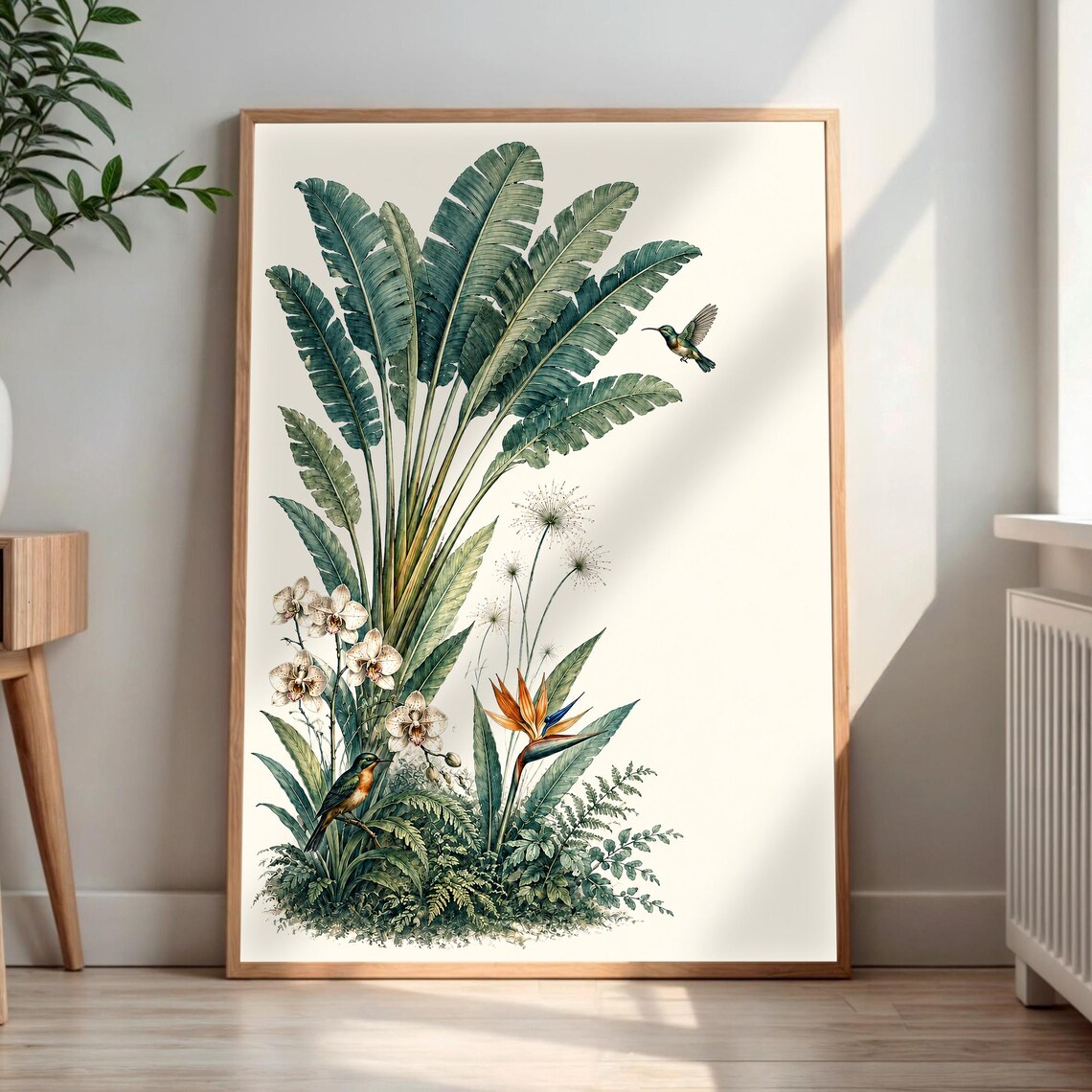 Tropical Botanical Art Print Banana Leaf Orchid Hummingbird Decor