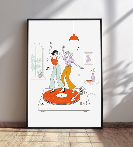 Two Women Dancing on Vinyl Record Retro Music Room Decor Poster