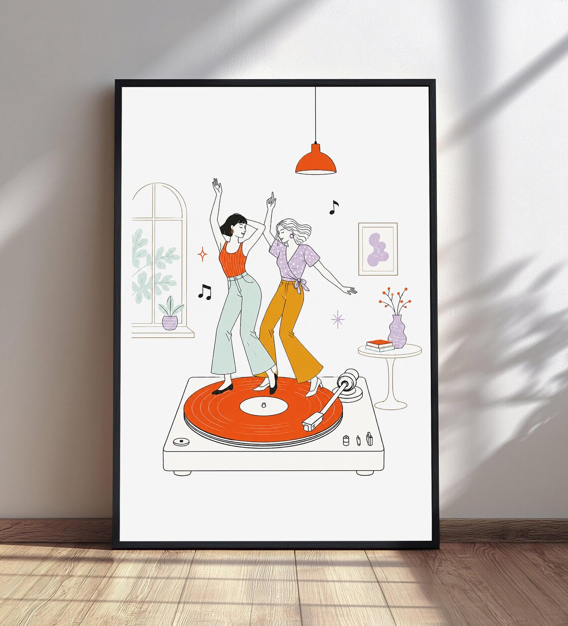 Two Women Dancing on Vinyl Record Retro Music Room Decor Poster