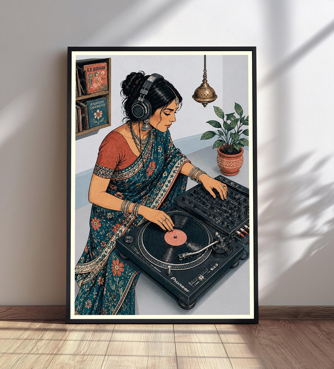 Indian Dj Woman Saree Print Turntable Music Lover Wall Art Desi Girl Headphones Poster South Asian Decor