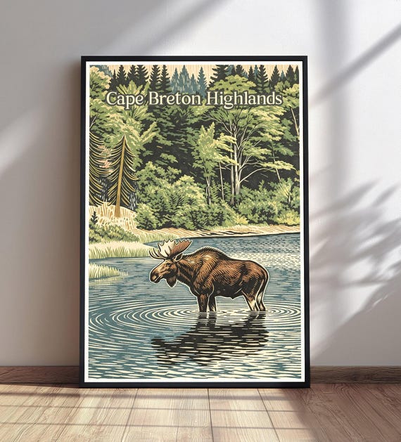 Cape Breton Highlands Poster Moose Travel Print Nova Scotia Wall Art Vintage Nature Decor