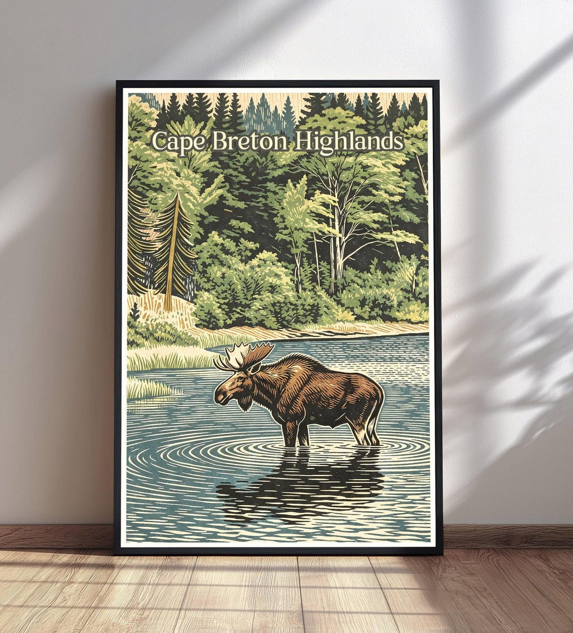Cape Breton Highlands Vintage Travel Poster Moose in the Lake Artwork