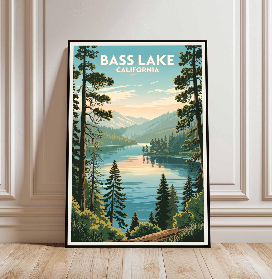 Bass Lake California Pines Vintage Travel Poster Mountain Lake