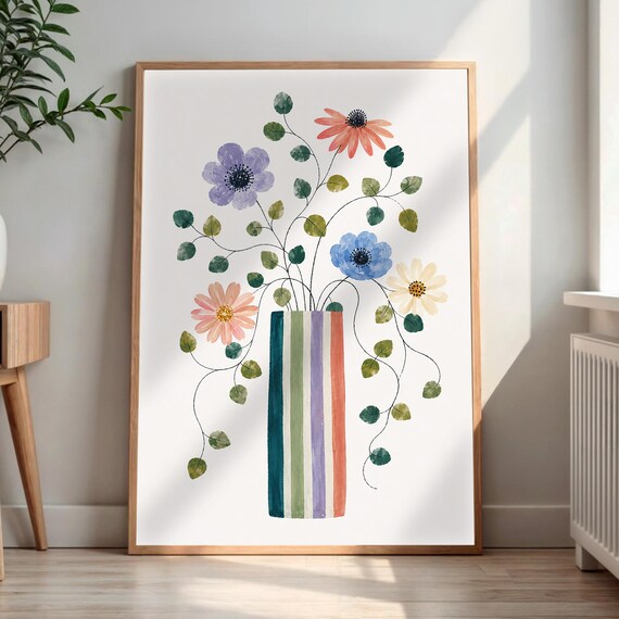 Colorful Wildflower Watercolor Striped Vase Floral Art Print