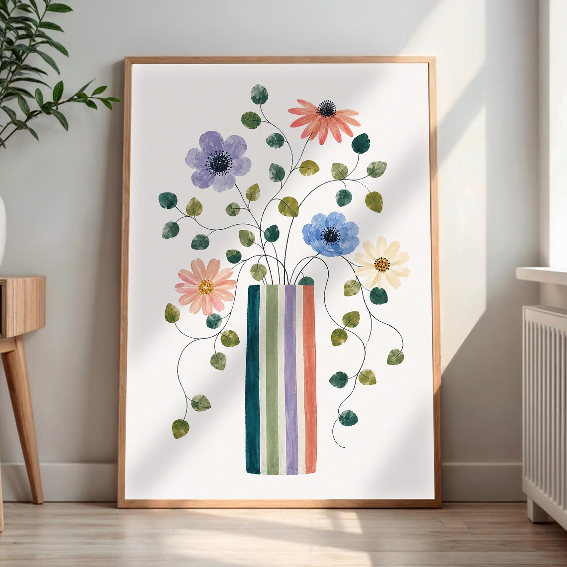 Colorful Wildflower Watercolor Striped Vase Floral Art Print