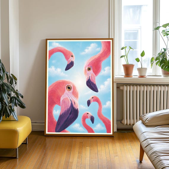 Pink Flamingo Wall Art Group Of Flamingos Print Sky And Clouds Poster Tropical Bird Decor