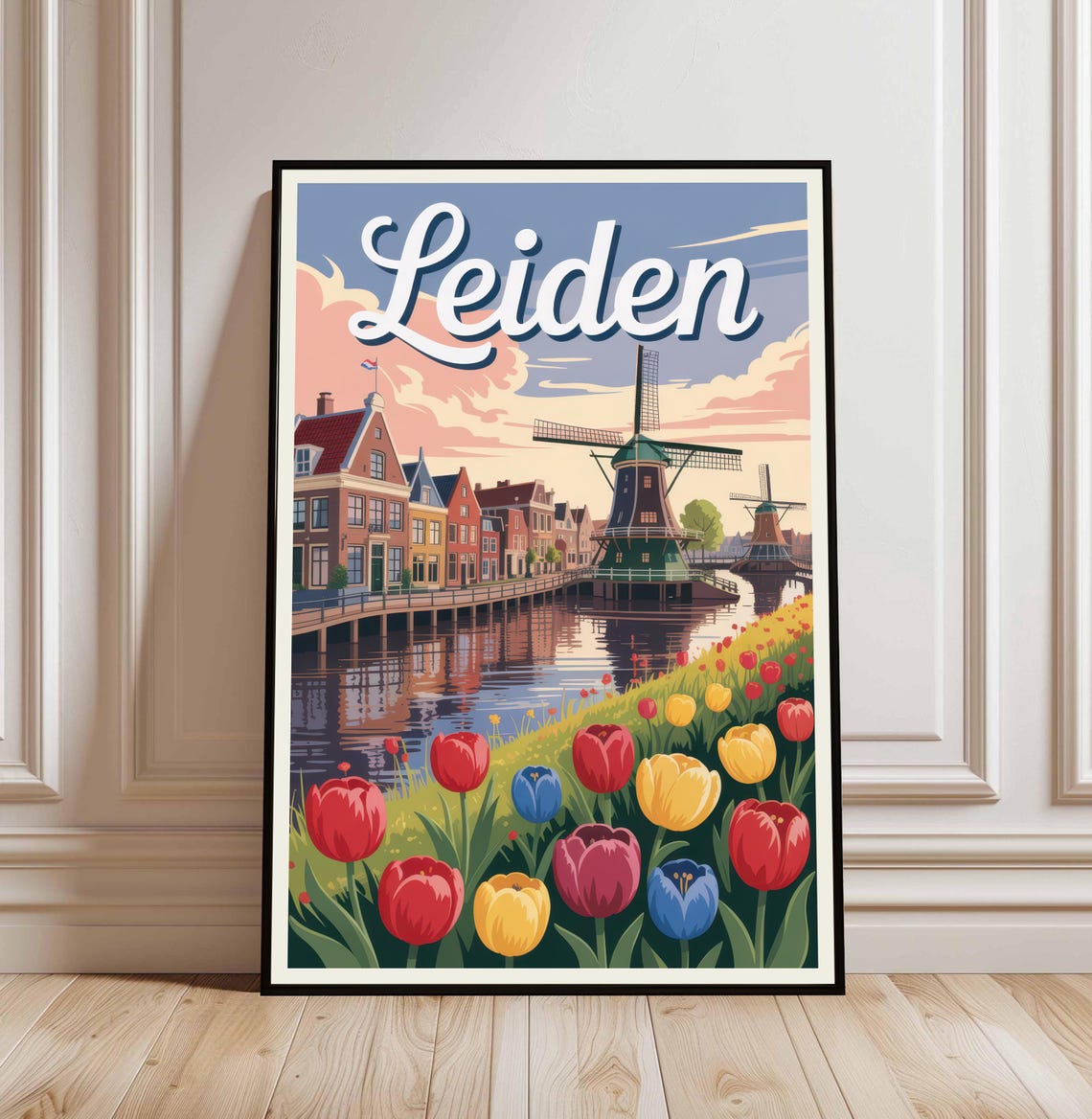 Leiden Netherlands Windmills Canal Tulips Vintage Travel Poster