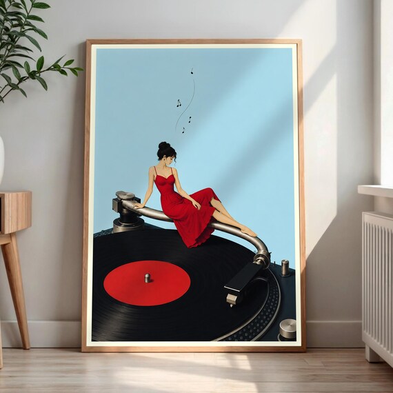 Woman On Record Player Art Print Music Lover Gift Musical Notes Wall Red Dress Poster