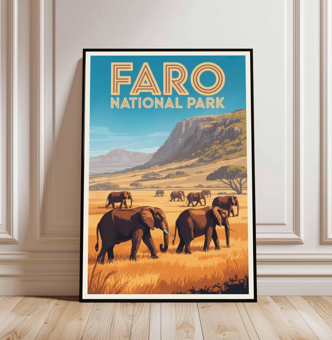 Faro National Park Cameroon Elephants Savannah Travel Poster