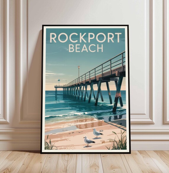 Rockport Beach Texas Wooden Pier Seagulls Vintage Travel Poster