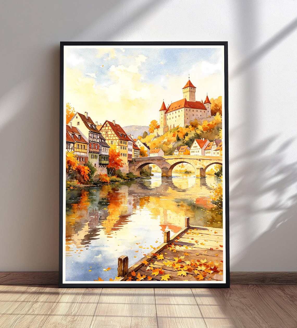Autumn European Old Town Watercolor Poster Castle Bridge and River