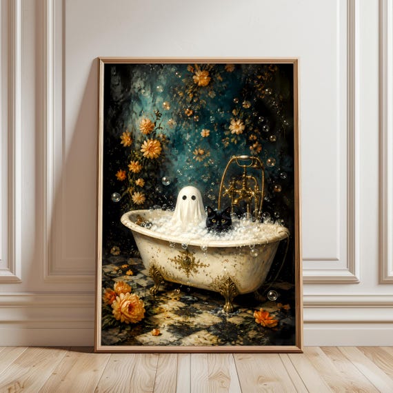 Ghost Black Cat Bubble Bath Wall Art Vintage Halloween Decor Spooky Bathroom Print Whimsical October