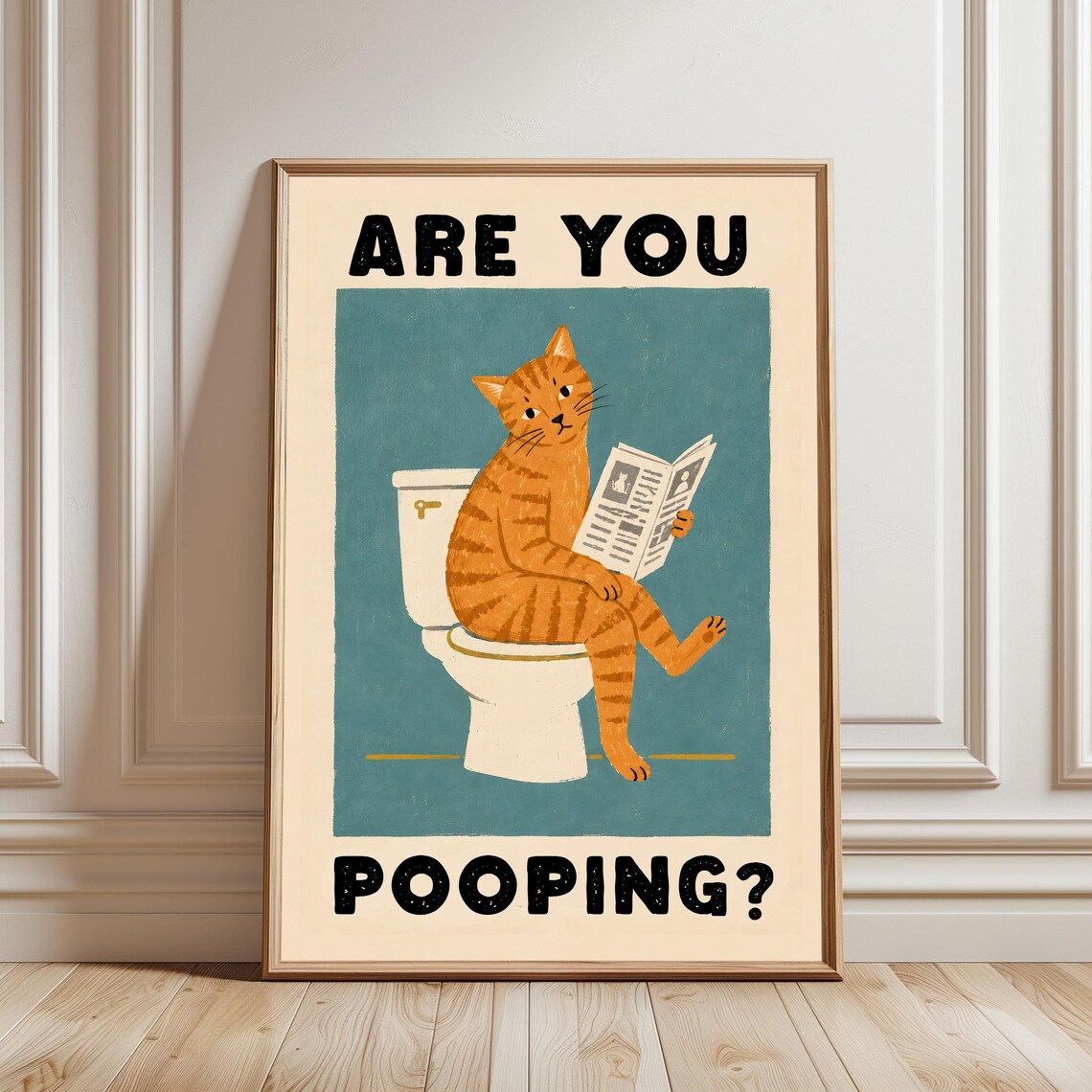 Are You Pooping Orange Tabby Cat on Toilet Newspaper Funny Poster
