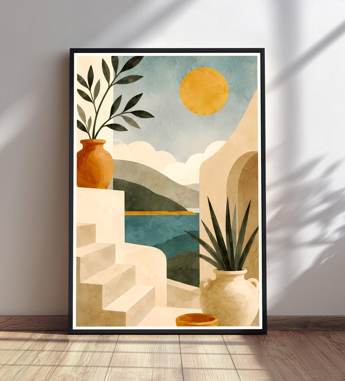 Boho Mediterranean Abstract Coastal Poster, Greece Island