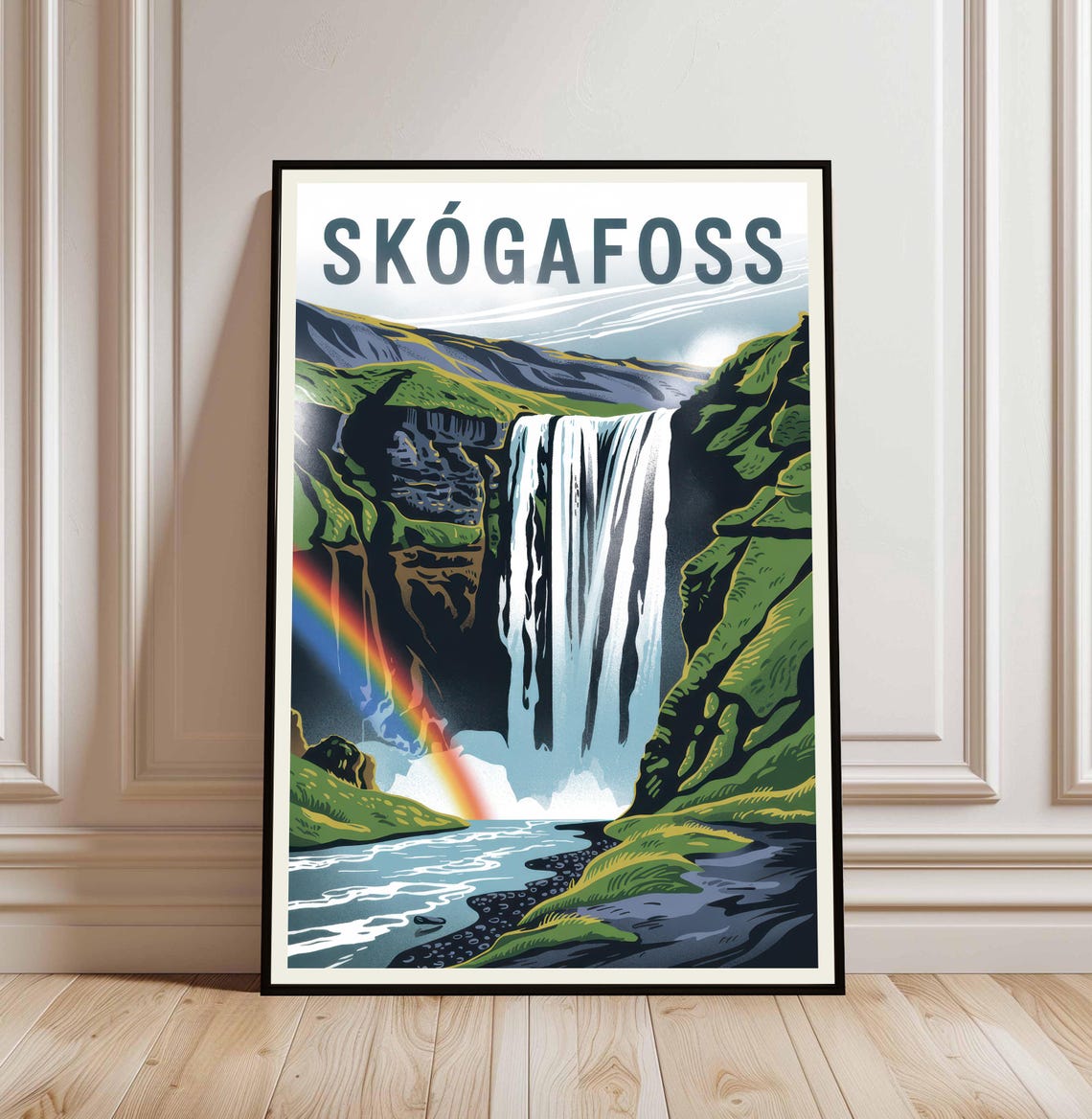 Skogafoss Iceland Vintage Travel Poster Waterfall Rainbow Nature Art