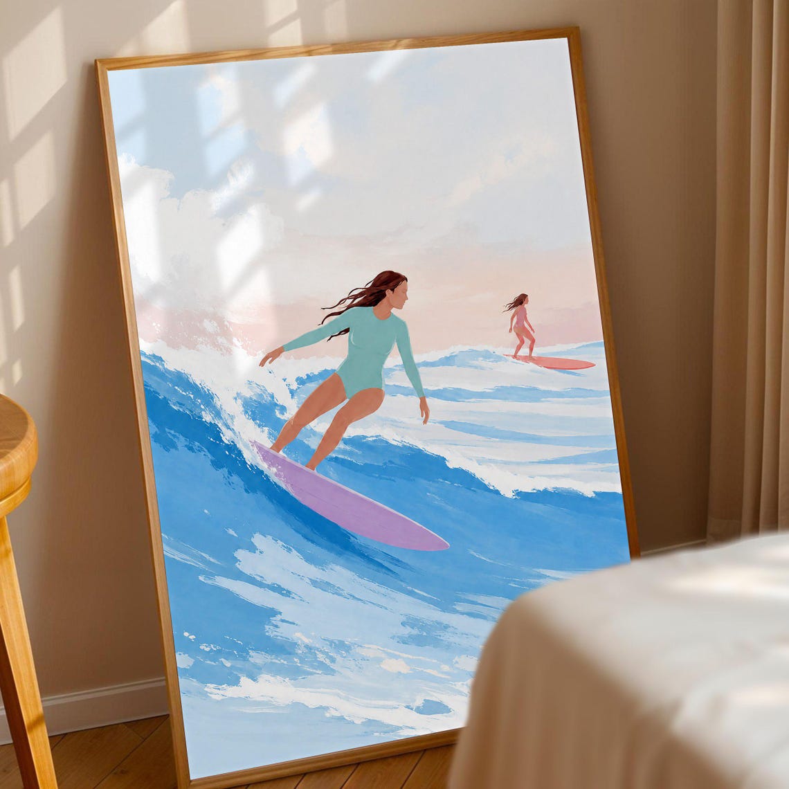 Two Women Surfing Ocean Waves Pastel Beach Coastal Decor Poster
